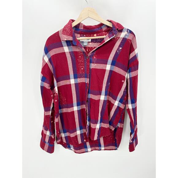 Old Navy Shirt Women MEDIUM Boyfriend Red Blue White Plaid Flannel Button Down - Picture 1 of 7